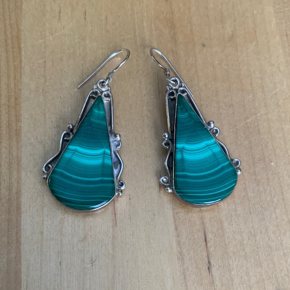 Elegant Sterling Silver and Malachite Earrings